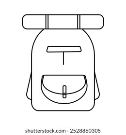 Black vector outline of a hiking backpack with a sleeping mat and large front pocket. Clean, minimalist style on a white background, suitable for adventure designs or as a coloring page.