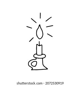 A Black Vector outline illustration of a burning candle isolated on a white background