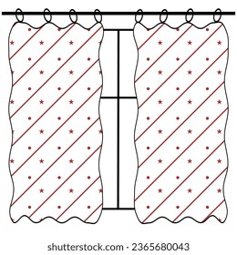 A Black Vector outline illustration of curtains with red pattern on a window