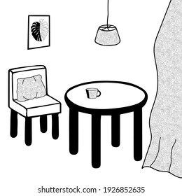 Black Vector outline illustration of a room with table and chair on a white background