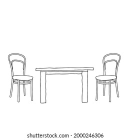 Black Vector outline illustration of a room with a table and a pair of chairs on a white wall background