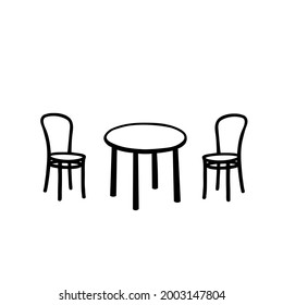 A Black Vector outline illustration of a room with a table and a pair of chairs on a white wall background