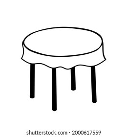 Black Vector outline illustration of a round table with tablecloth isolated on a white background