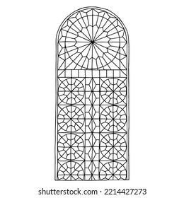 A Black Vector outline illustration of a stained glass window isolated on a white background