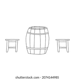 A Black Vector outline illustration of a wooden barrel with iron hoops for beer or wine and two stools isolated on a white background