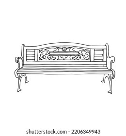 Black Vector outline illustration of a wooden bench isolated on a white background