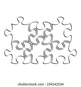 Black vector outline puzzle pieces joined together isolated