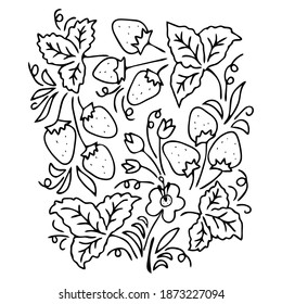 Black Vector outline set of strawberries and leaves and flowers isolated on a white background