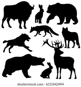 Black vector outline wild forest animals silhouettes. Collection of animals bull deer and fox, illustration of animals various