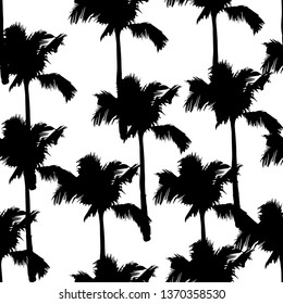 Black vector palm trees. Hand drawn seamless pattern. Summer tropical palm tree leaves seamless pattern. Abstract nature background
