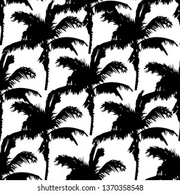Black vector palm trees. Hand drawn seamless pattern. Summer  tropical palm tree leaves seamless pattern. Abstract nature background