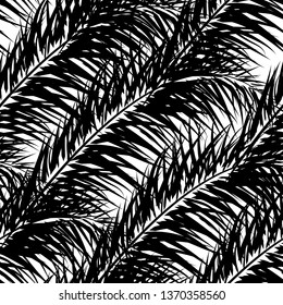 Black vector palm trees. Hand drawn seamless pattern. Summer  tropical palm tree leaves seamless pattern. Abstract nature background