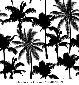 Black vector palm trees. Hand drawn seamless pattern. Summer  tropical palm tree leaves seamless pattern. Abstract nature background.  Tropical background. Black and white wallpaper. 