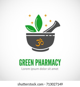 Black vector pharmaceutical mortar and pestle with leaves, pharmacy and alternative medicine vector logo template with sample text isolated on white.on