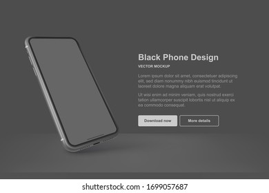 Black vector phone isolated on dark background. Realistic template. Mock up with empty screen for business presentations.