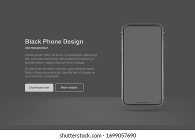 Black vector phone isolated on dark background. Realistic template. Mock up with empty screen for business presentations.