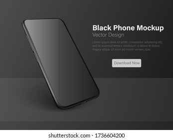 Black vector phone isolated on dark background. Realistic template. Mock up with empty screen for business presentations.
