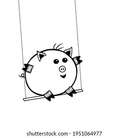 A Black Vector piggy fat boy swinging on a swing on a white background for coloring book for children