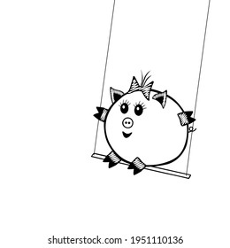 A Black Vector piggy fat girl swinging on a swing on a white background for coloring book for children