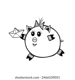 Black Vector piggy fat girl running with a paper boat on a white background for coloring book for children