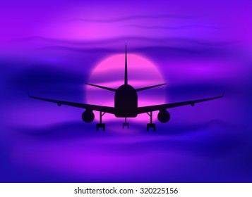 Black vector plane silhouette in dark purple sunset sky