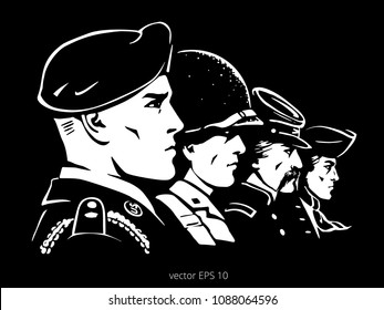 Black Vector Poster With A White Faces Of Historical American Soldiers. Rank Of Profile Portraits. Modern Airborne Paratrooper, WWII Marine, Rifleman Of Union Army, Minuteman With Colonial Tricorn.