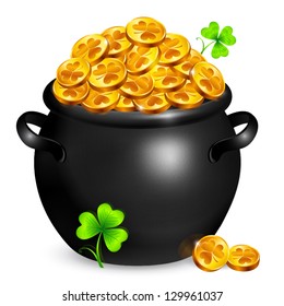 Black vector pot of leprechauns gold with lucky clovers