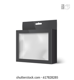 Black vector product package box with window. Isolated on white background. With marked place to insert your design