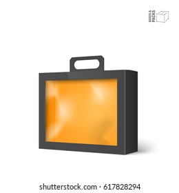 Black vector product package box with window. Isolated on white background. With marked place to insert your design