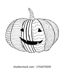 Black vector pumpkin coloring book sheet. Black and white Halloween object for your design. Hand-drawn monochrome sketch of an autumn element in doodle style.