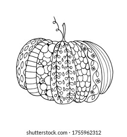 Schwarzer Kürbisfarbenbuchbogen. Schwarz-Weiß-Halloween-Objekt. Handgezeichnete monochrome Skizze eines Herbstelements im Doodle-Stil.