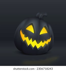 Black vector realistic empty pumpkin on black background. Modern halloween symbol and decoration.