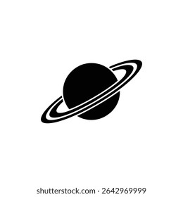 Black vector rendering shows the planet Saturn with its distinctive rings, isolated on a clean white background. Astronomy and space exploration themes.