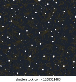 Black vector repeat pattern with golden blossoms and snow flake. Christmas. Surface pattern design.