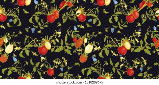 Black vector repeat pattern with red tomatoes, blossoms, branches, tomato plant and buttrfly. Novelty pattern. Kitchen.