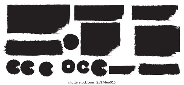 Black vector rough edge rectangles. Grunge square frames set. Jagged edge torn paper background collection. Paint brush strokes. Hand-drawn ripped papers for collage. Grungy distressed text boxes