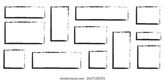 Black vector rough edge rectangles. Grunge square frames set. Jagged edge torn paper background collection. Paint brush strokes. Hand-drawn ripped papers for collage. Grungy distressed text boxes