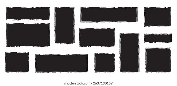 Black vector rough edge rectangles. Grunge square frames set. Jagged edge torn paper background collection. Paint brush strokes. Hand-drawn ripped papers for collage. Grungy distressed text boxes