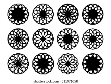 Black vector round geometric ornaments set isolated