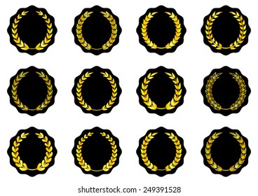 Black vector round labels with golden laurel wreaths