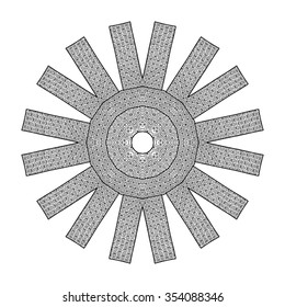 Black vector round ornament on white background. Ornamental sun