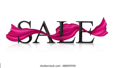 Black vector SALE sign with pink silky ribbon trough it