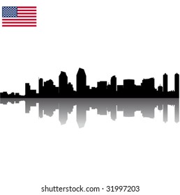 Black vector San Diego silhouette skyline with USA flag