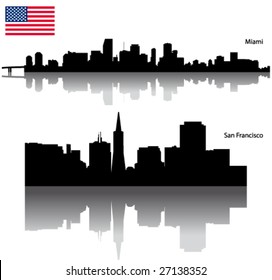 Black vector San Francisco & Miami silhouette skyline with USA flag