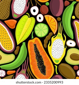 BLACK VECTOR SEAMLESS BACKGROUND WITH BRIGHT MULTICOLORED TROPICAL FRUITS IN POP ART STYLE