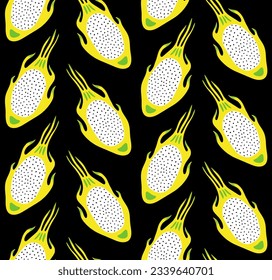 BLACK VECTOR SEAMLESS BACKGROUND WITH BRIGHT YELLOW DRAGON FRUIT SLICES IN POP ART STYLE
