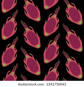BLACK VECTOR SEAMLESS BACKGROUND WITH BRIGHT PINK DRAGON FRUIT SLICES IN POP ART STYLE