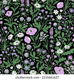 BLACK VECTOR SEAMLESS BACKGROUND WITH A VARIETY OF WILDFLOWERS