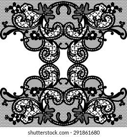 Black vector seamless lace with a floral ornament on white background, template