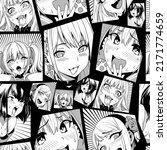Black vector seamless pattern with ahegao face emotion, illustration manga set. Hand-drawn art for t-shirts, helmets, cars, and wallpapers. concept graphic design element. Isolated on black background
